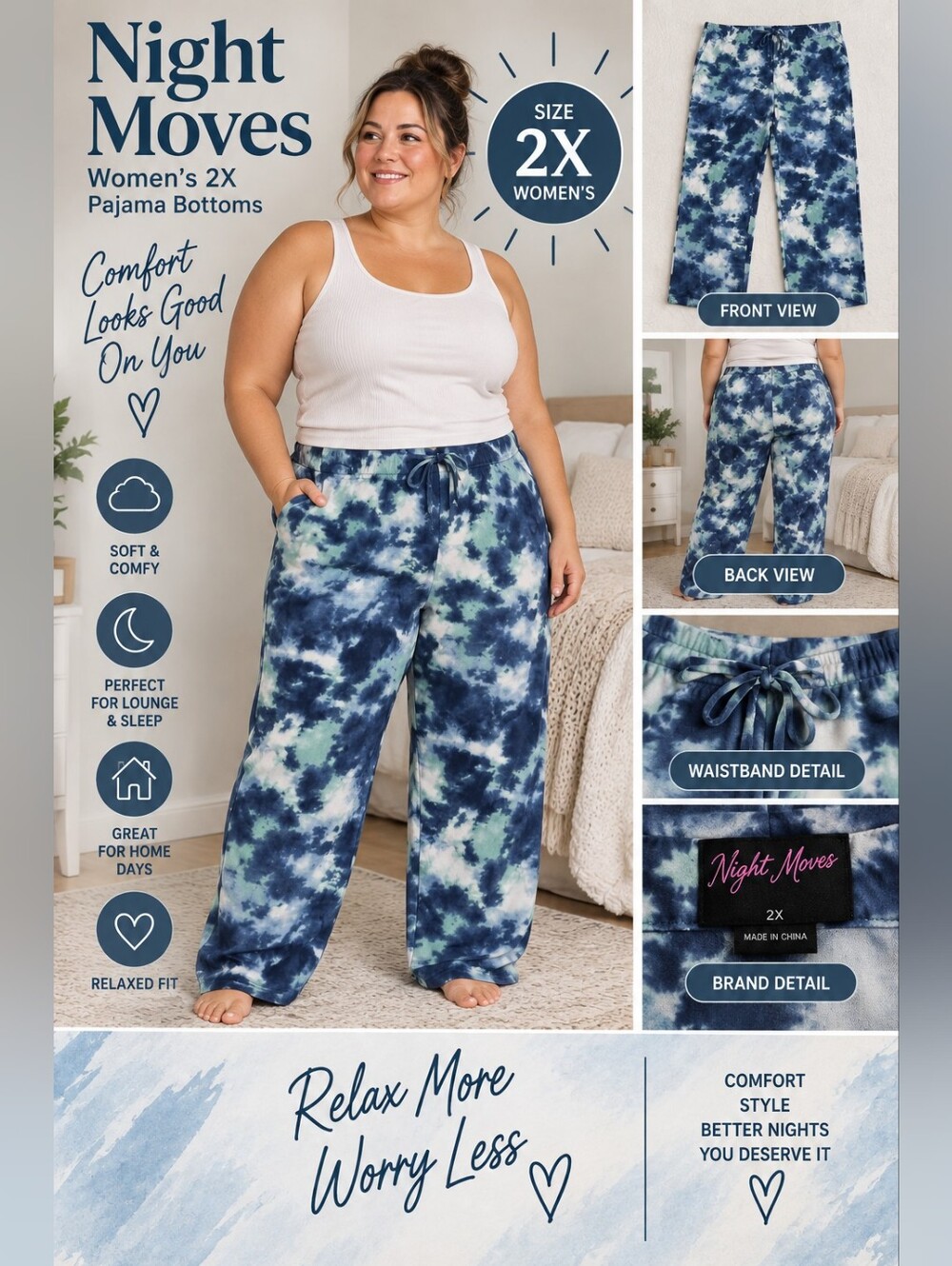 Night moves women's 2X blue tie dye pajama bottoms #05